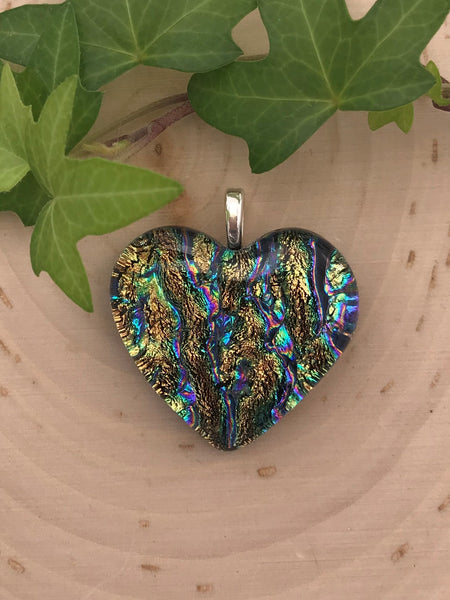Gold and Green Dichroic Heart Pendant - 1402